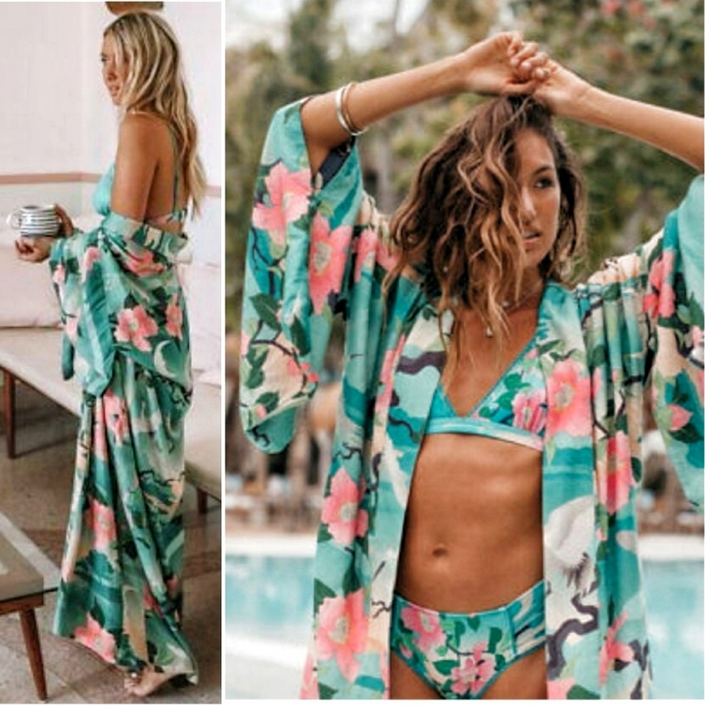 NEW Vintage Floral Waterlilies Kimono Maxi Duster Jacket Robe Teal Pink